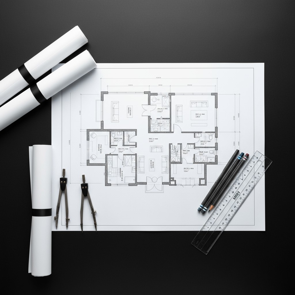 Plano de arquitectura con herramientas de dibujo.